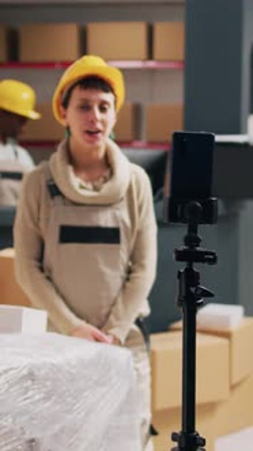 Vertical Video Supervisor Recording Advertisement Video in Depot