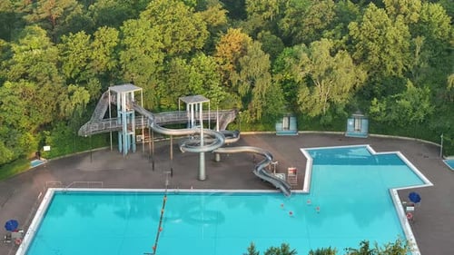 Aerial view of public pools and greenery, Germany.