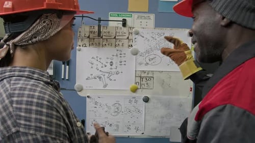 Ingénieur d'usine expérimenté expliquant le processus d'assemblage des machines à un stagiaire