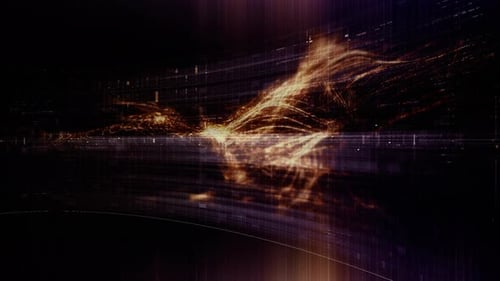 Futuristic Golden Particle Flow with Digital Grid Background