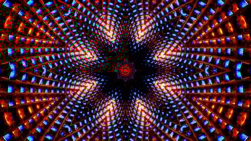 Voler à travers un tunnel de cubes métalliques bleus et oranges. Boucle Kaléidoscope VJ.