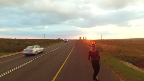 Magical Drone of Woman Traveler Long Boarder Riding Her Long
