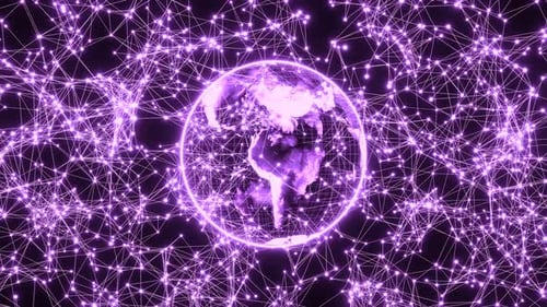 Buntes Hologramm eines sich drehenden Erdplaneten und verbundener Plexuslinien, Schleife