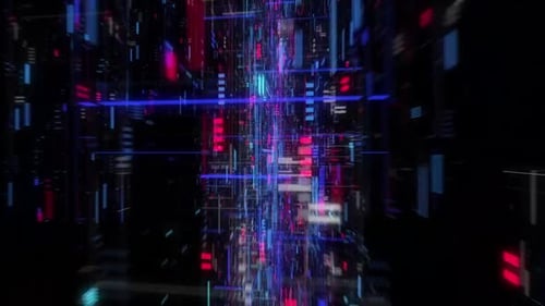 Vibrant digital tunnel with neon blue and red lights