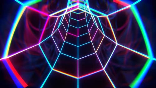 Cyan Pink And Orange Neon Octagonal Torus Tunnel Background VJ Loop l 4K