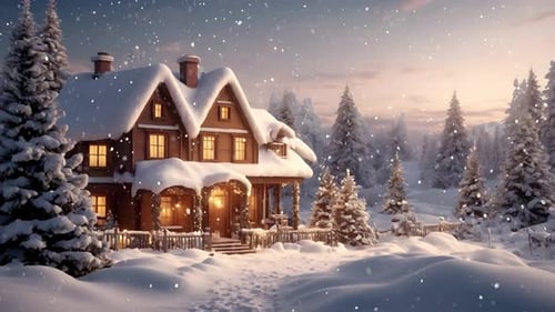 Falling Snow Animated on Cozy Winter Christmas House Landscape