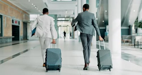 Late, luggage and businessmen running at airport for travel, corporate trip