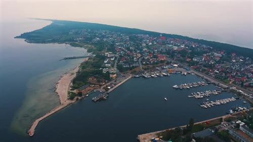 Aerial view of marina in Hel penisula in Jastarnia, Poland at sunny summer day