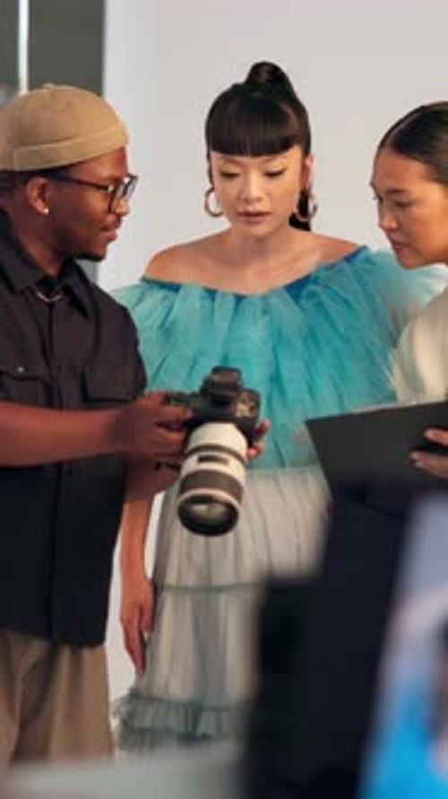 Camera, studio and talk to people for photography, show picture or bts for fashion feedback