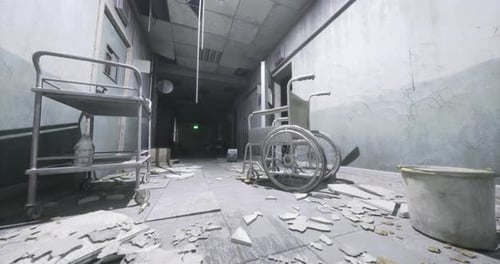 Abandoned Hospital Corridor with Debris and Old Equipment During Daytime