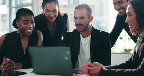 Business people, team or applause with laptop in office for financial success