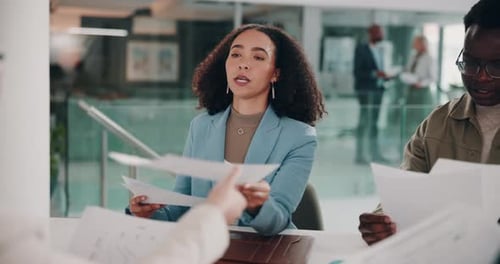 Corporate, people and paperwork for meeting in office of financial report