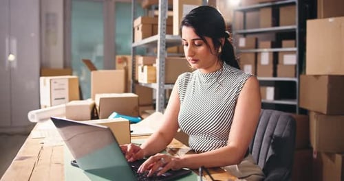 Small business, woman or laptop in warehouse for online shopping, review website
