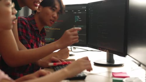 Slow motion back end software developer engineer writing code. Burgeoning