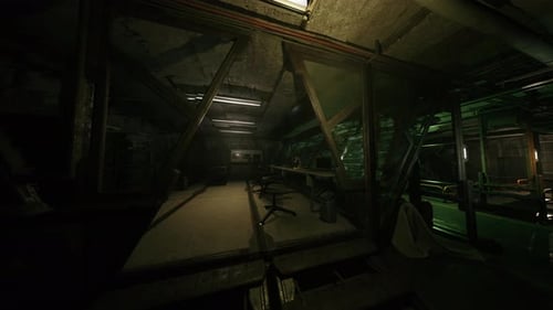 Maintenance Passage in Submarine with Green Emergency Lights