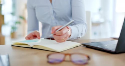 Woman hands, writing notes and laptop typing to schedule agenda, office administration and reminder
