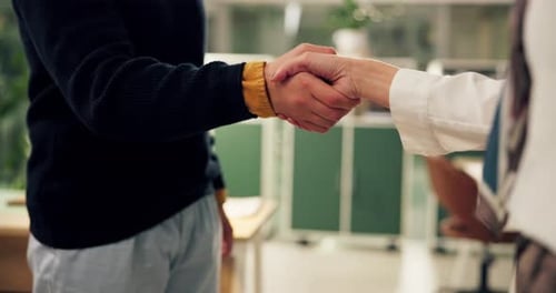 Business people, meeting and handshake with agreement for partnership, b2b or deal at office