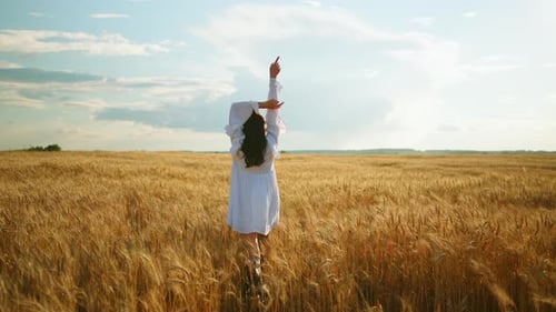 Girl in Rye Field in Sunny Day Rear View Young Graceful Woman is Raising Hands Up and Breathing