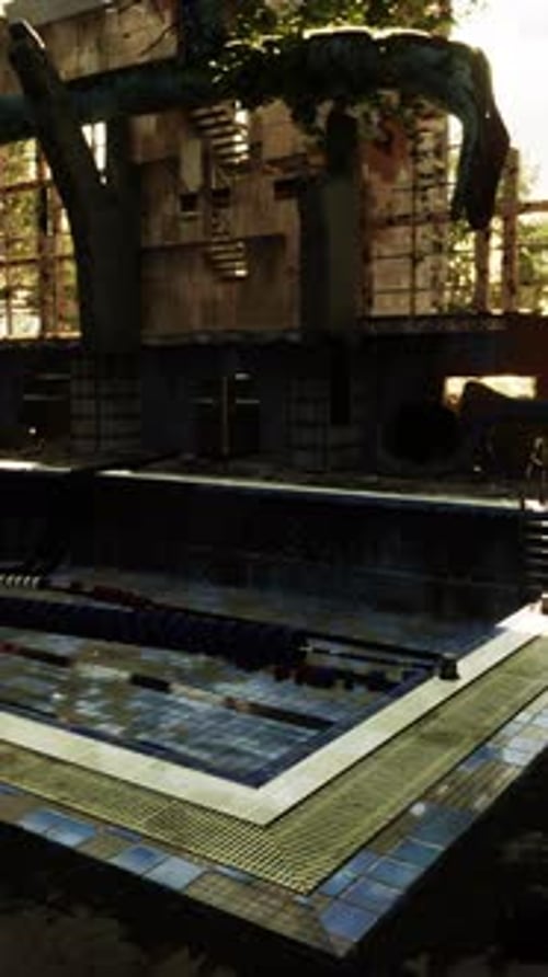 Large Swimming Pool Among Trees and Buildings