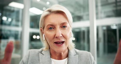 Face, mature woman and video call in office for conference or online meeting and consulting