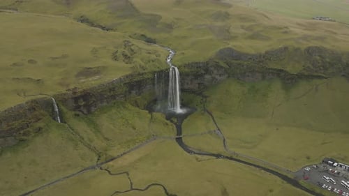 Aerial view of Seljalansfoss waterfall on the southern region of Iceland.
