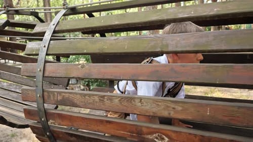 Little boy crawling through wooden pipe or tunnel on playground at park