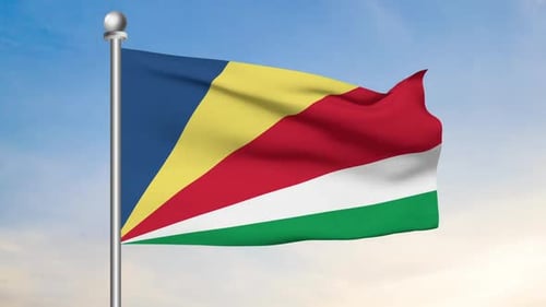 Seychelles Flag Waving Animation on Blue Sky Background