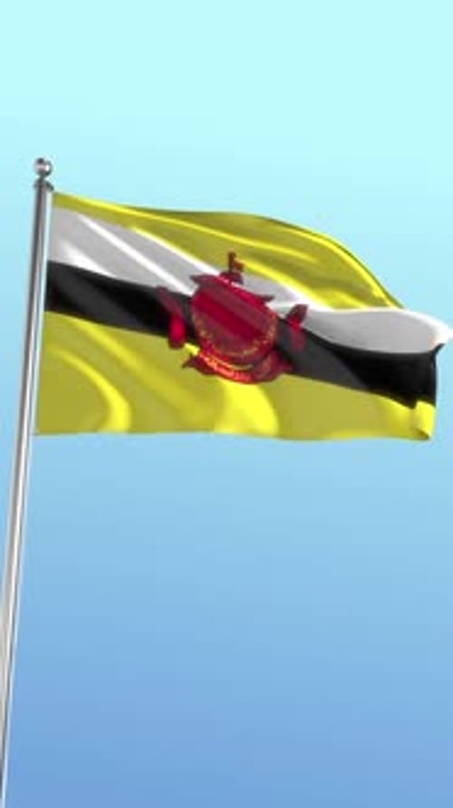 Realistic 3D Waving Brunei Flag Against Blue Sky