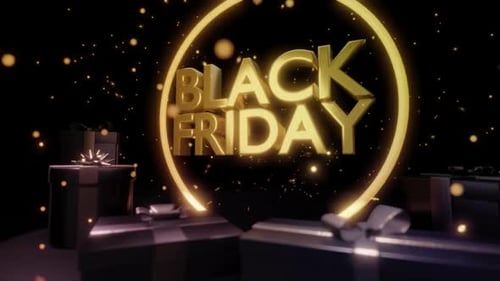 Animated Black Friday Gold Text with Glowing Ring and Gift Boxes
