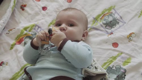 Cute Baby Boy Lying Down and Playing with Toy