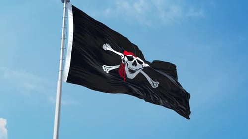 Realistic Waving Pirate Flag with Jolly Roger Against Blue Sky
