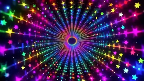 Regenbogenfarbener Hintergrund mit leuchtenden Sternen und Tunnel-Bewegungsgrafiken