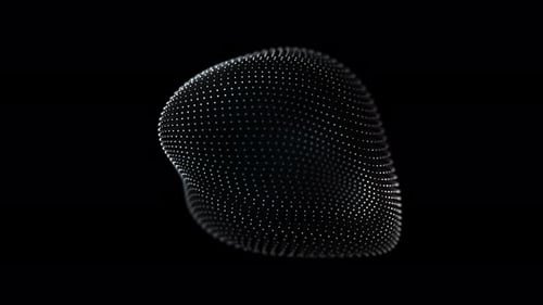 A black and white sphere with white dots moves chaotically on a black background. Plastic soft round
