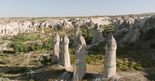 Aerial view of Fairy Chimneys of Cappadocia’s colorful landscape, Turkey
