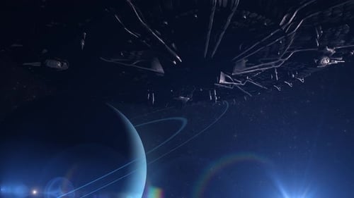 Futuristic Spaceship Flies Past Ringed Planet in Deep Space