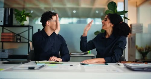 Business people, high five and advice in office with training, mentor and review for help at night