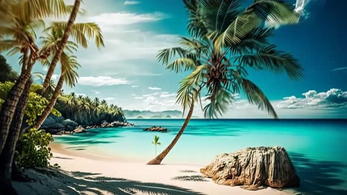 Strandszene im tropischen Paradies. Üppige Palmen beschatten einen unberührten Sandstrand