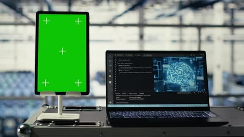 Green Screen Tablet in Server Room with Machine Learning Technology