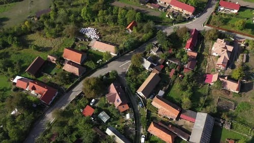 Aerial View of a Small Village by Drone. Bikfalva, Bicfalau, Szeklerland, Romania