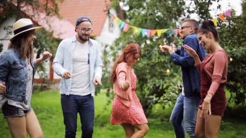 Friends Dancing Together Outdoors on a Lawn