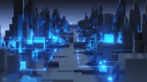 Futuristisches digitales Stadtbild mit blauen Lichtern