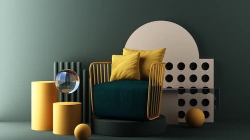 Minimalist 3D Scene with Animated Chair and Geometric Shapes