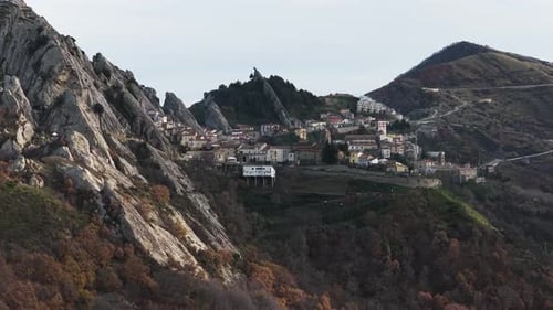 Aerial view of Pietrapertosa village on mountain, Italy.