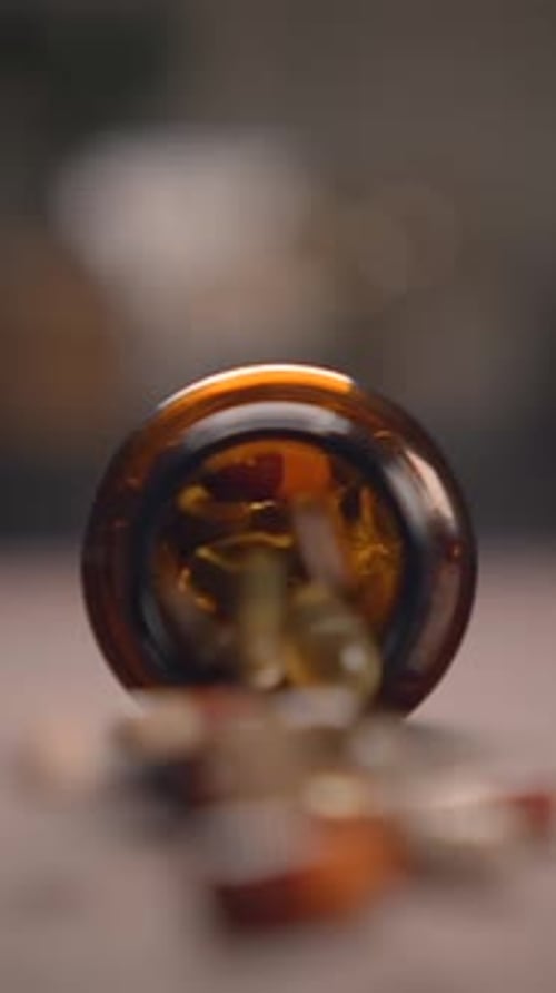 Une vue rapprochée d'une bouteille en verre brun contenant une variété de capsules colorées à l'intérieur