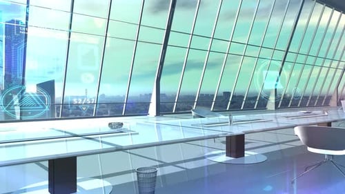 Infographic Holograms In A Light Office With Panoramic Windows