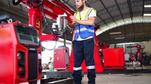 El operador de fábrica controla el brazo robótico automatizado en la línea de producción. Industria tecnológica.