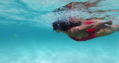 Sexy Woman Snorkeling on Shallow Water Beauty Girl Swimming in Ocean