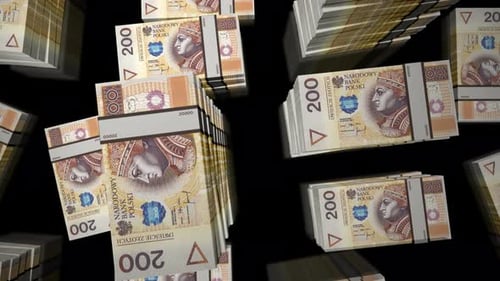 3d flight over the Poland 200 zloty money banknote packs loop