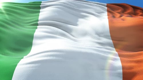 Realistic Irish Flag Waving Loop Against Blue Sky