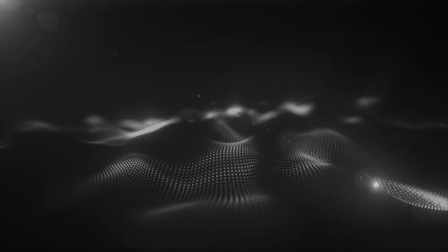 Abstract black and white glowing dots forming a soft, flowing terrain-like digital wave pattern